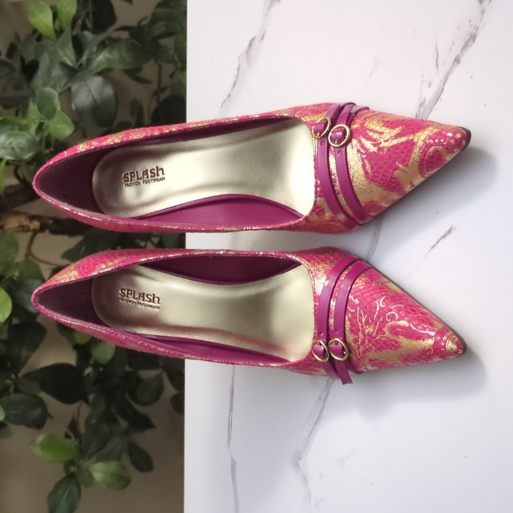 💥SALE💥Splash Pink and Gold Patterned Women's Heels - Picture 2 of 11